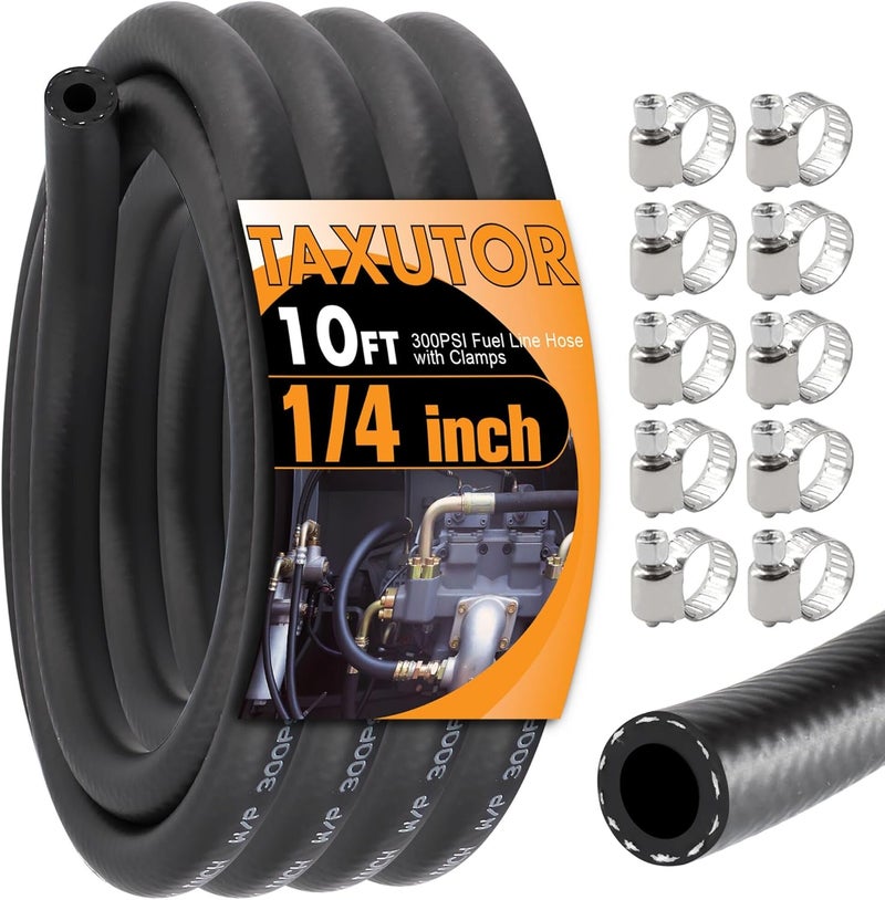 Taxutor 1/4 Inch ID Fuel Hose 10FT Replacement - Short Length Kit with Clamps for Small Engine Repair - Fits Gas, Oil Lines on ATV, Motorcycle, Pressure Washer - Image 1